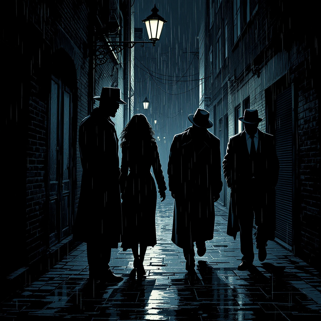 Four shadowy figures in trench coats walk together down a rain-soaked alley, illuminated by a streetlamp, embodying the idea of collaboration in finding solutions.