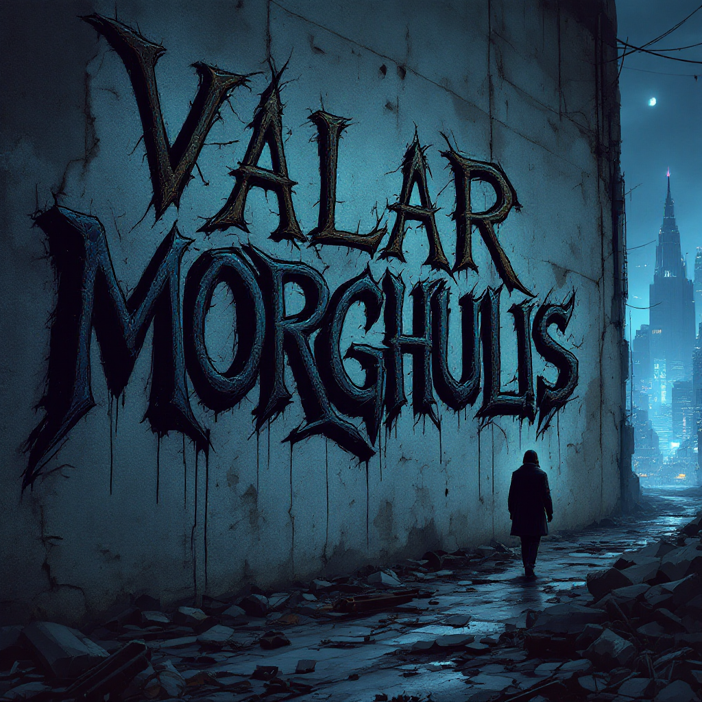 A dark, urban alleyway is illuminated by moonlight. The phrase Valar Morghulis looms large on a wall, capturing the ominous essence of All men must die. A solitary figure walks away.