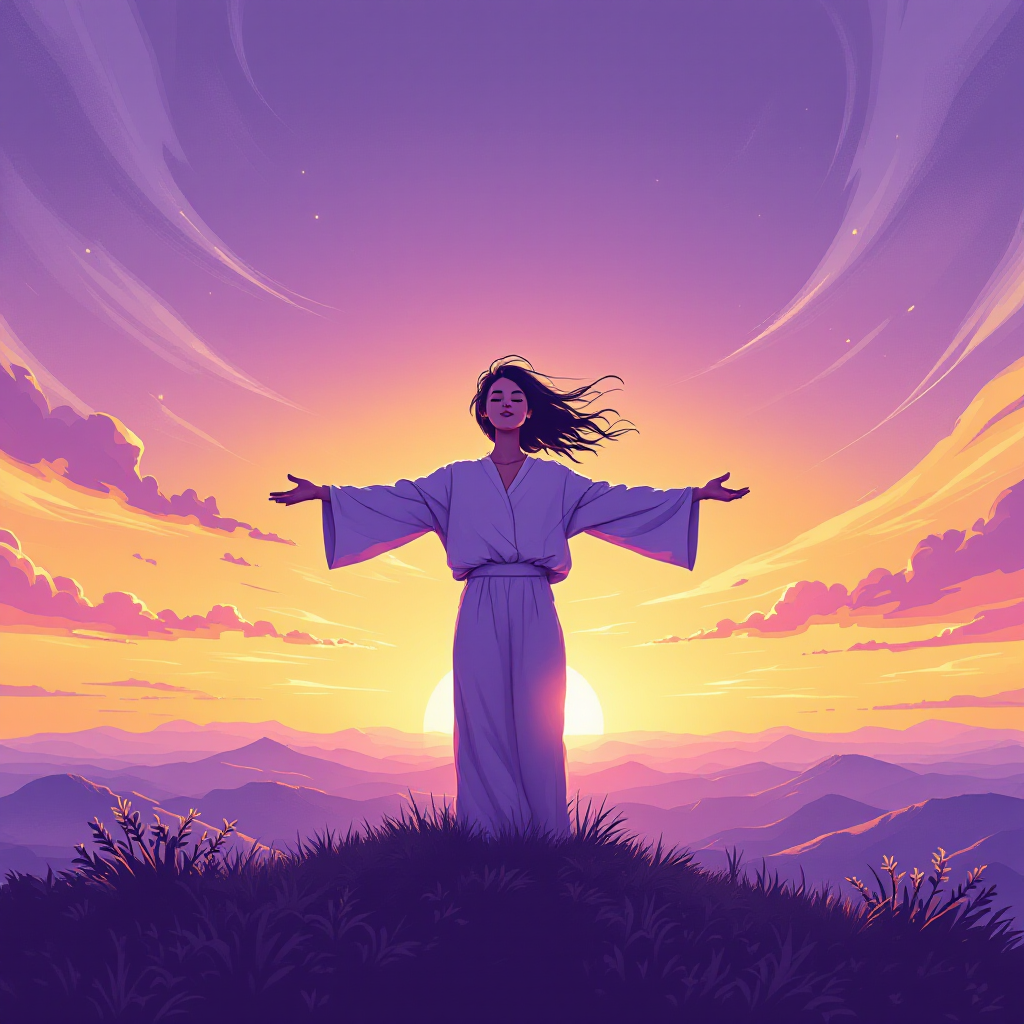 A serene figure in a flowing robe stands atop a hill, arms outstretched against a vibrant sunset, embodying the essence of living a good life with indifference to the trivial.