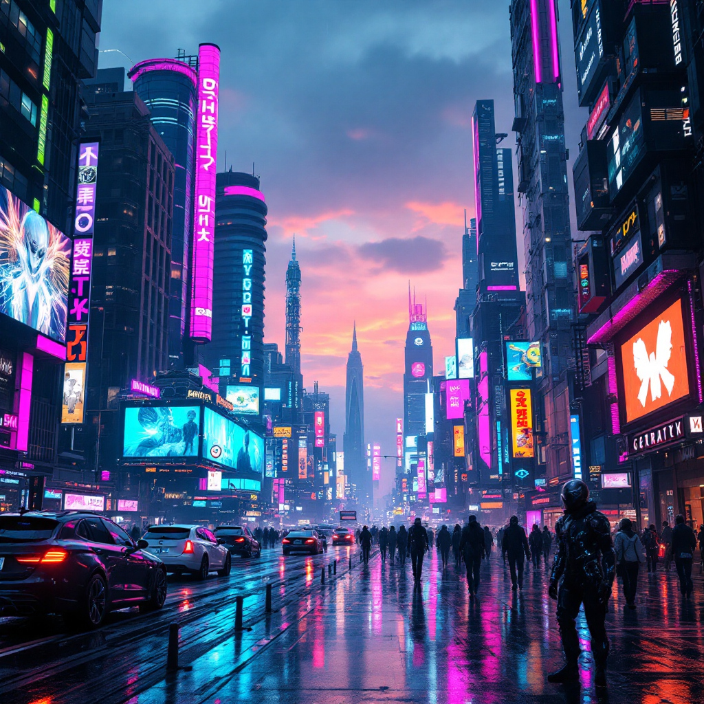 A vibrant, neon-lit cityscape at dusk, crowded with silhouetted figures and reflections on wet pavement, encapsulating the essence of caution in an uncertain world.