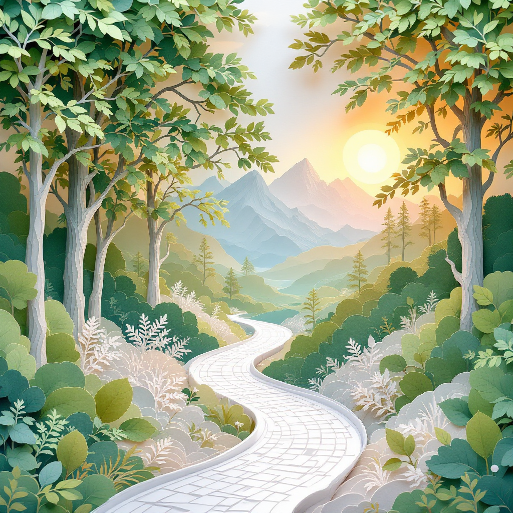 A serene landscape featuring a winding path through lush greenery, set against mountains and a glowing sunrise, embodying the quote's theme of nature reflecting beauty.