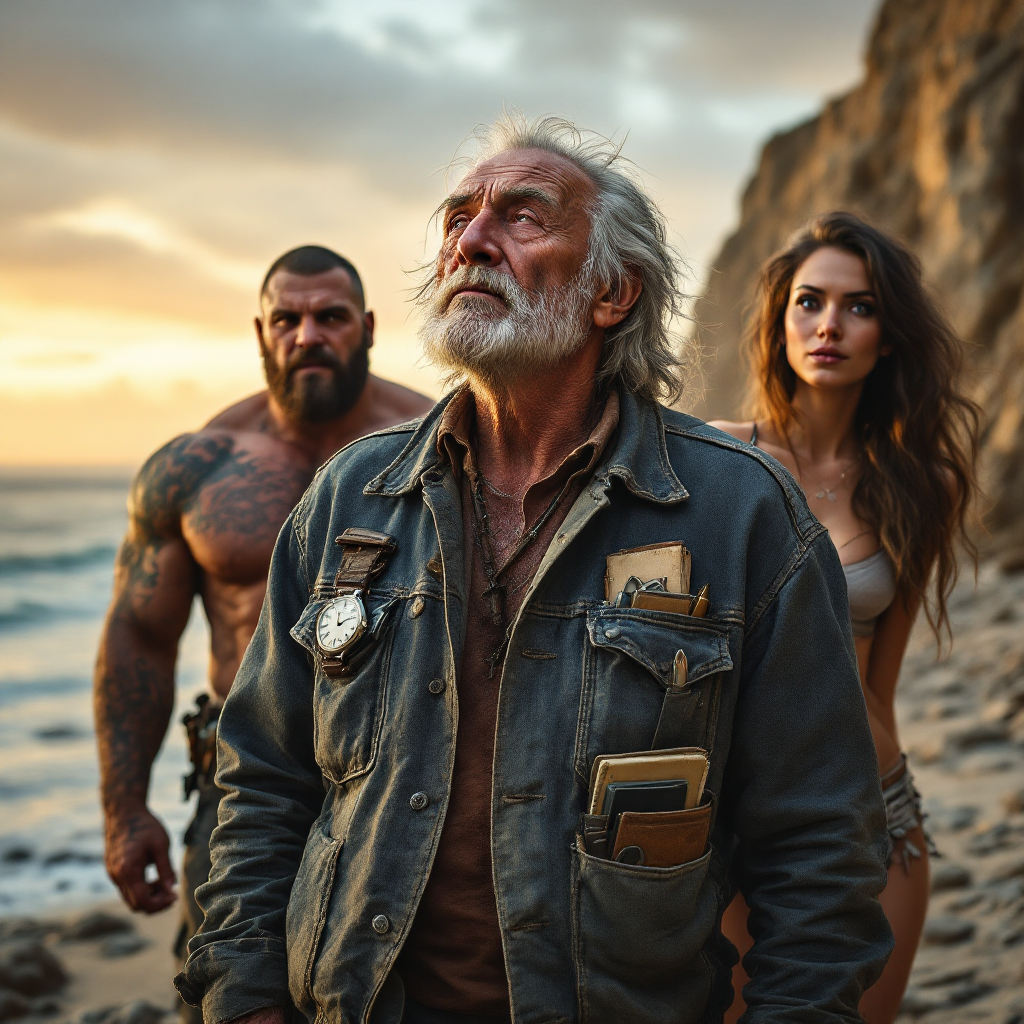 A weathered old man with a determined expression stands on a beach, flanked by two strong individuals, as they gaze pensively at the ocean under a sunset, embodying themes of choice and resilience.