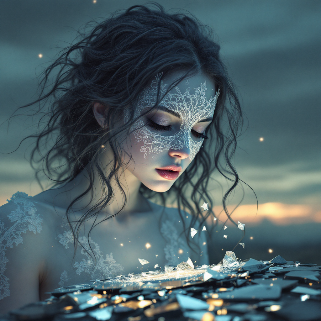 A woman with intricate white face paint gazes down at shards of glass, surrounded by a soft glow, embodying the beauty found in brokenness and the journey to wholeness.