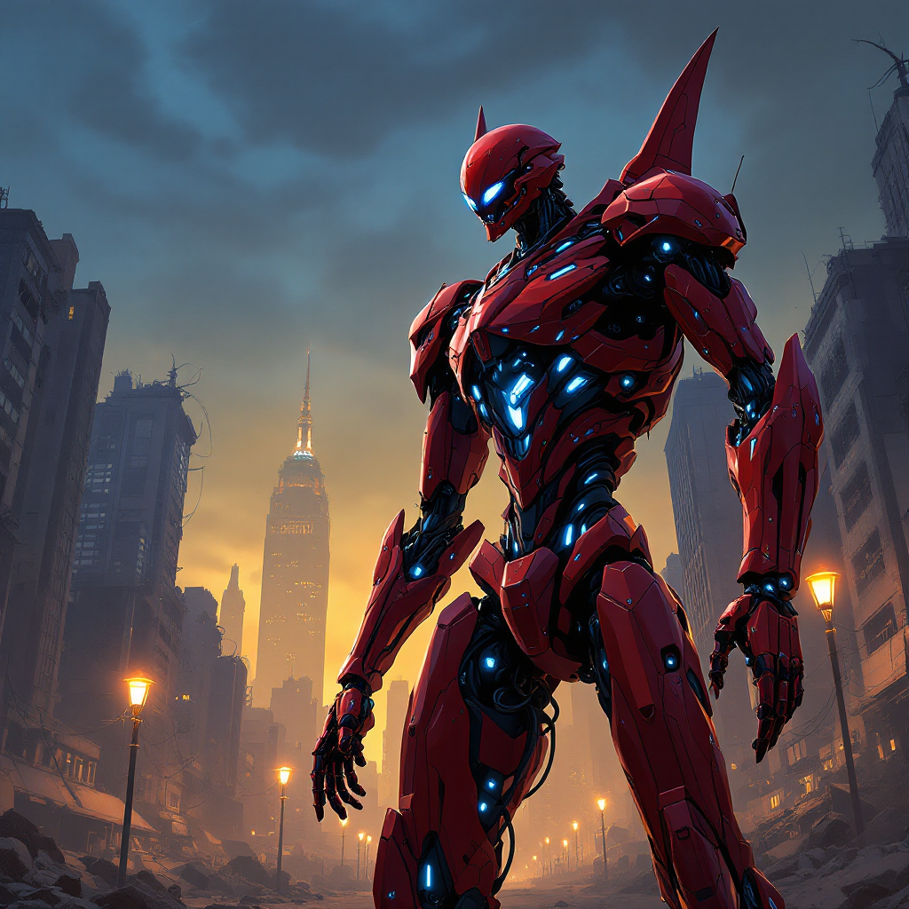 A towering red robotic figure stands amidst a desolate cityscape, with the Empire State Building illuminated in the background, embodying a mysterious identity yet to be understood.