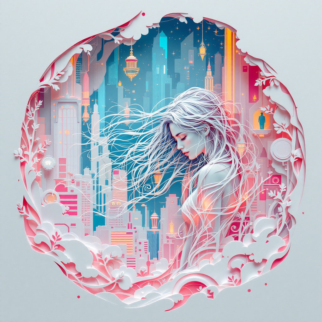 A serene figure with flowing hair gazes thoughtfully toward a vibrant, futuristic cityscape, embodying the dual nature of inspiration and deception within the digital realm.