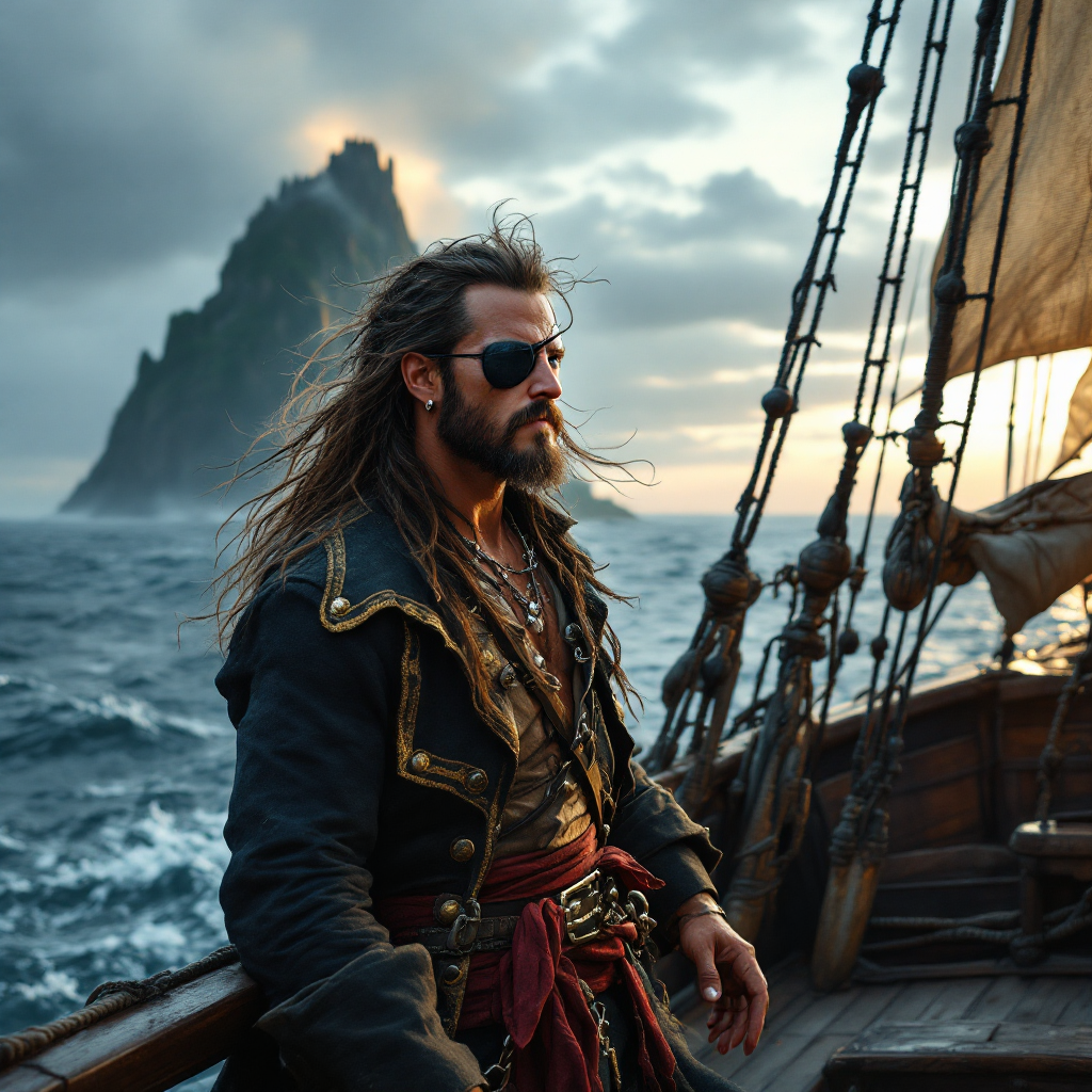 A pirate stands confidently on a ship, gazing toward a distant rocky island under a dramatic sky, embodying the spirit of adventure, chaos, and the unknown.