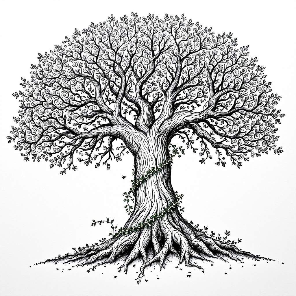 A detailed illustration of a large, intricate tree with sprawling branches and visible roots, symbolizing awareness of problems and the growth of potential solutions.