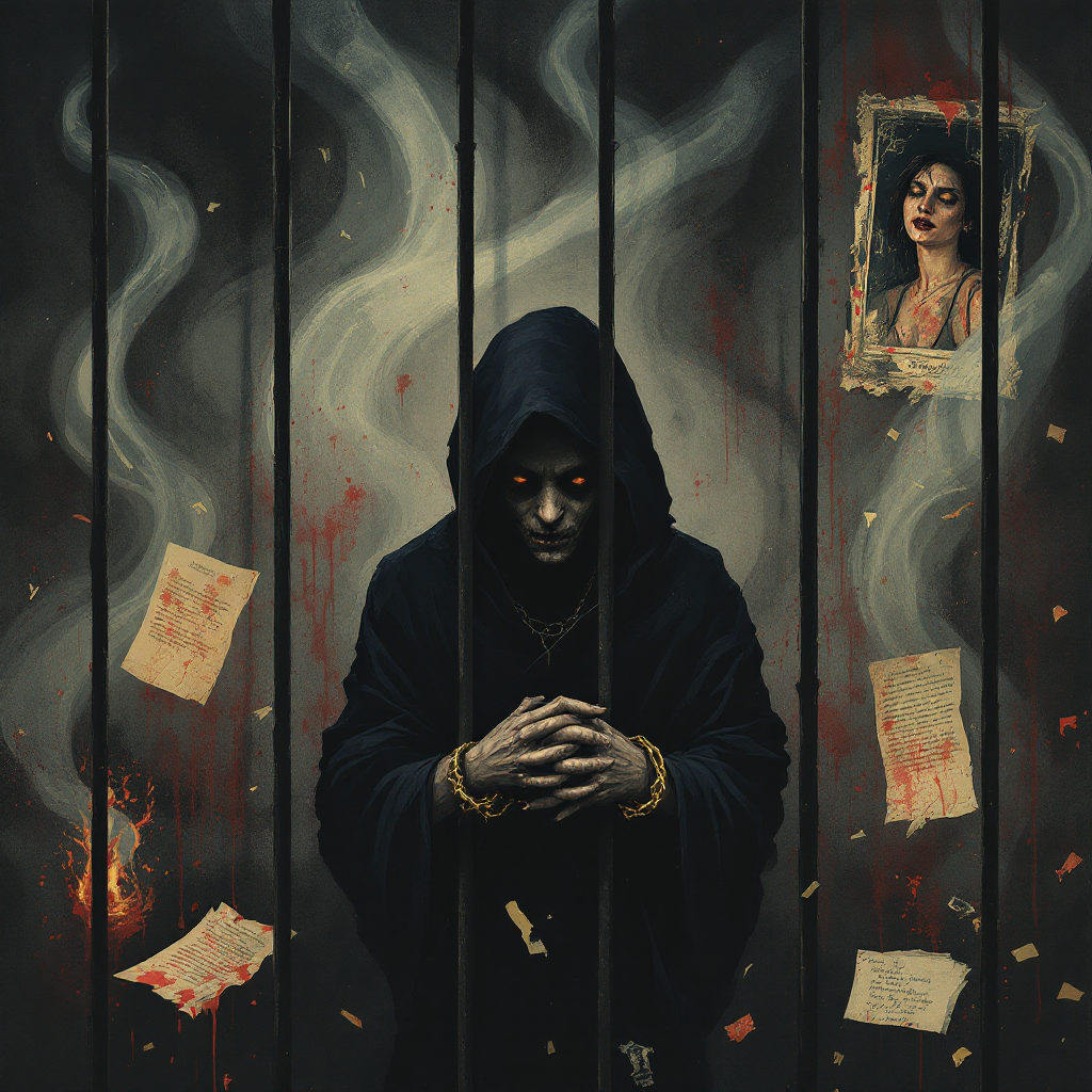 A hooded figure stands behind bars, surrounded by swirling smoke and faded memories, embodying the haunting weight of the past and the prison of their own memories.