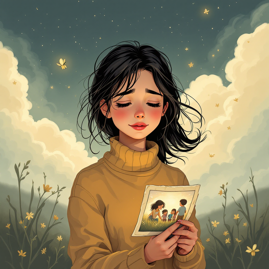 A young woman in a cozy sweater gazes wistfully at a photo of her family, surrounded by a serene landscape under a starry sky, embodying the quote about memories shaping identity.