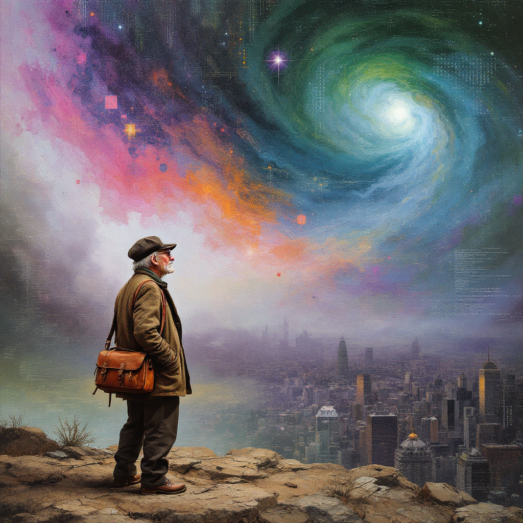 A little old man stands on a cliff, gazing at a vibrant swirling galaxy above a bustling city, embarking on a great journey inspired by a small yet significant story.