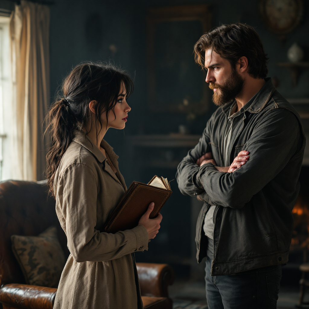 A tense moment between a woman holding a book and a man with crossed arms, set in a dimly lit room. Their expressions reflect a deep emotional conflict, embodying the quote about fighting for loved ones.