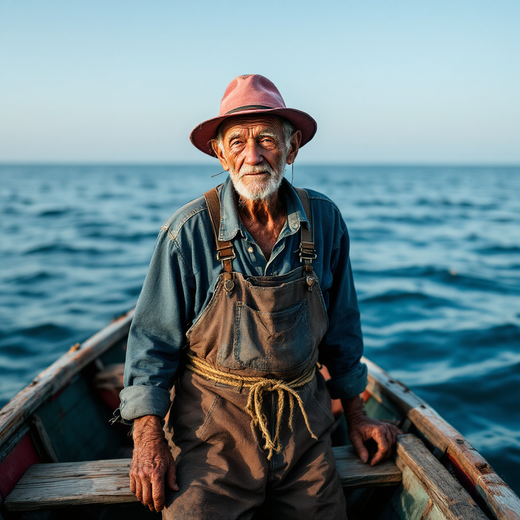 An old man sits alone in a small wooden skiff on the calm Gulf Stream, looking contemplatively at the horizon, embodying solitude and perseverance after eighty-four days of fishing without success.