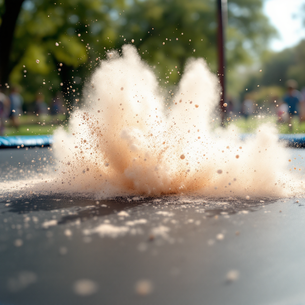 A close-up of a trampoline surface with a cloud of dust and debris exploding upwards, capturing the moment of an energetic leap, embodying the spirit of boldness and spontaneity.