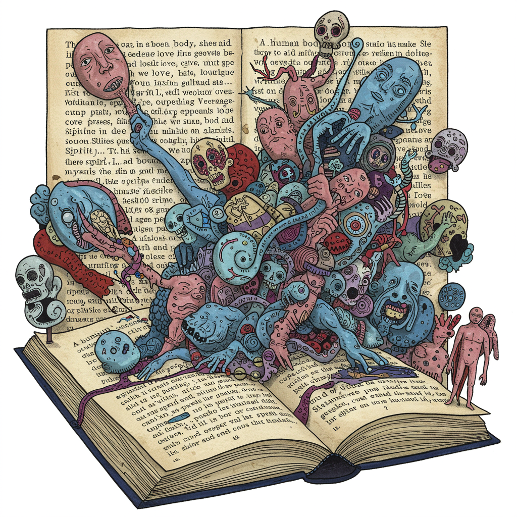 Surreal illustration of a book with an explosion of tangled anatomical and abstract shapes in blue and red, symbolizing emotions beyond the human body's complexity.