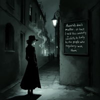 A mysterious figure in a dark alley stands before a wall, where the quote about the insignificance of awards is displayed, surrounded by shadowy buildings and street lamps.