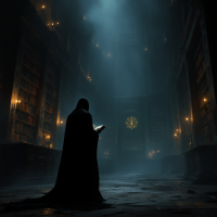 A hooded figure stands in a dimly lit library, surrounded by tall bookshelves. Soft beams of light illuminate the room, reflecting the weight of knowledge and its burdens.