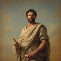 A contemplative figure in ancient robes holds scrolls, set against a serene sky, embodying the quote about blame and perspective in the context of competition.