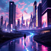 A silhouetted figure walks along a glowing path in a futuristic cityscape, illuminated by vibrant lights and a colorful sky, embodying the journey of shaping the future through present actions.