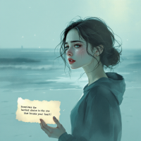 A contemplative young woman stands by the shore, gazing into the distance. She holds a note that reads, Sometimes the hardest choice is the one that breaks your heart.