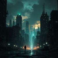 A lone figure walks through a dimly lit, deserted cityscape, where towering skyscrapers loom under a dramatic, cloud-filled sky, embodying the quote: The future is always dark, but it’s always possible.