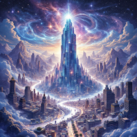 A vibrant cityscape features a towering crystal structure surrounded by mountains and clouds, illuminated by a celestial light, symbolizing the transformation of urban spaces.