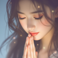 A serene young woman with long, flowing hair gently clasps her hands in prayer, embodying a sense of trust and vulnerability, reflecting the quote about pain and trust.