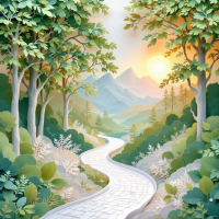 A serene landscape featuring a winding path through lush greenery, set against mountains and a glowing sunrise, embodying the quote's theme of nature reflecting beauty.