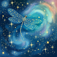 A luminous blue dragonfly floats through a vibrant cosmic background filled with swirling galaxies and stars, capturing the essence of personal dreams and hidden constellations.