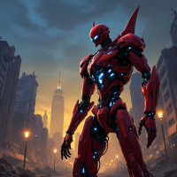 A towering red robotic figure stands amidst a desolate cityscape, with the Empire State Building illuminated in the background, embodying a mysterious identity yet to be understood.