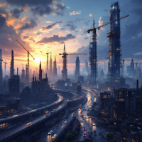 A city skyline under construction at sunset, with cranes and buildings rising amidst a bustling landscape, symbolizing the ongoing construction of the future and its connection to the past.