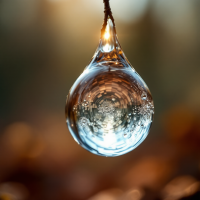 A close-up of a droplet of water hanging from a branch, capturing light and reflections, symbolizing the complexity of truth and perception.