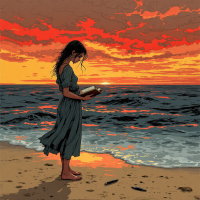 A woman stands on a beach at sunset, holding a book, reflecting the quote about balancing friendship and citizenship, with waves gently lapping at her feet.