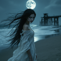 A mysterious woman in a flowing white dress stands on a moonlit beach, her long dark hair billowing in the wind, embodying confidence and the spirit of being oneself.