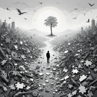 A silhouetted figure walks through a landscape filled with broken fragments and gears, leading toward a solitary tree under a hazy sun, embodying themes of loss and acceptance.