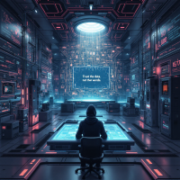 A hooded figure sits at a glowing control panel in a futuristic data center, surrounded by screens and holograms, reinforcing the idea that trust lies in data and signals, not words.