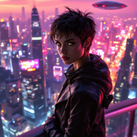 A figure with short, dark hair stands against a vibrant, futuristic cityscape at dusk, embodying the essence of the quote, Freedom has its price, and sometimes it is steep.