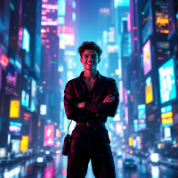 A confident young person stands in a vibrant, neon-lit cityscape, embodying the essence of being true to oneself, inspired by the quote about not needing to be a genius.