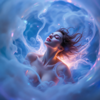 A woman with flowing hair emerges from swirling blue and purple mist, embodying the essence of unbound creativity as she closes her eyes in a moment of serene expression.