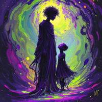 A silhouette of a tall figure and a small child stands facing each other, surrounded by vibrant swirls of purple and green, evoking a sense of connection and timeless bond.