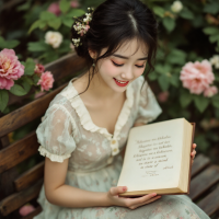 A young woman sits on a wooden bench surrounded by blooming roses, reading a book with a quote about the fleeting nature of happiness and the search for permanence.