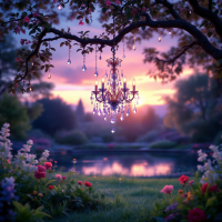 A sparkling chandelier hangs from a blooming tree, surrounded by vibrant flowers, with a serene lake reflecting a colorful sunset, evoking the essence of beauty.