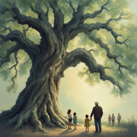 A majestic, ancient tree towers over a diverse group of people, symbolizing shared humanity and deep connections in response to the quote about the heart of man.