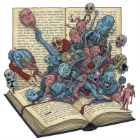 Surreal illustration of a book with an explosion of tangled anatomical and abstract shapes in blue and red, symbolizing emotions beyond the human body's complexity.