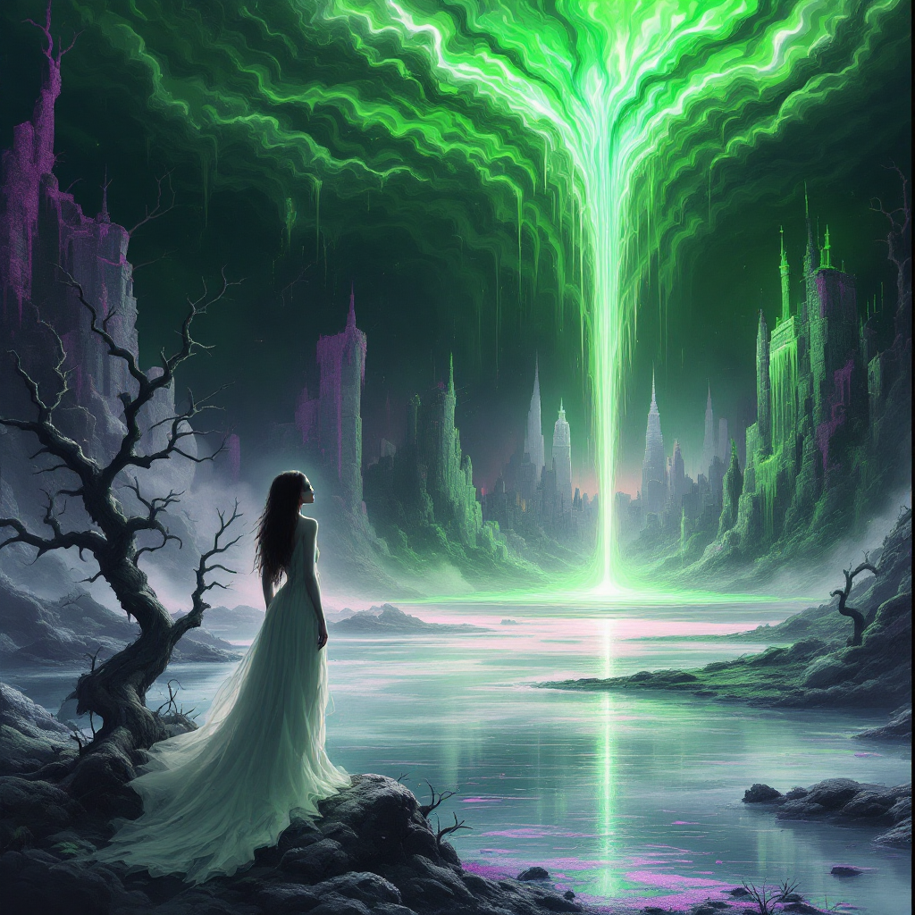 A figure in a flowing white dress stands near a dark, mystical landscape, gazing at a vibrant green beam piercing the cloudy sky, embodying the quote about the persistent presence of the past.