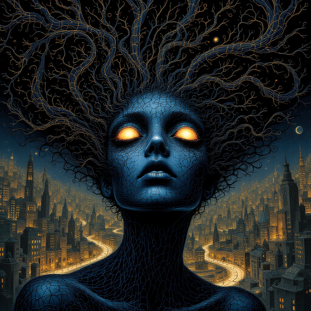 A figure with glowing orange eyes and intricate, dark roots for hair gazes upward, embodying the idea of inner turmoil amidst a sprawling, illuminated cityscape.