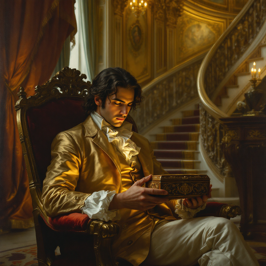 A man in a lavish golden outfit sits in an ornate chair, holding a box with an intense gaze, set against an opulent interior that echoes the power to shape one's destiny.