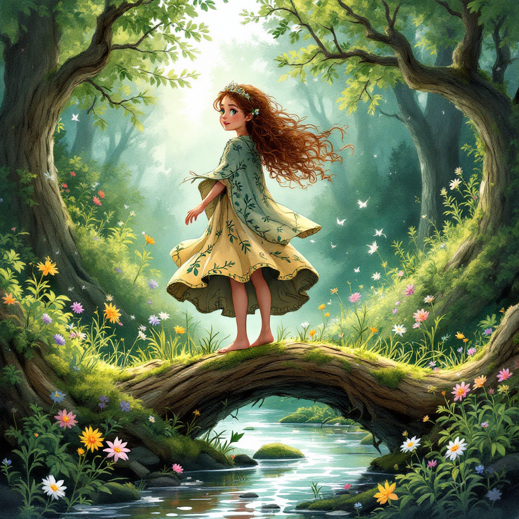 A young girl with flowing hair stands on a bridge over a serene stream, surrounded by vibrant flowers and lush trees, embodying the freedom and magic of Terabithia.