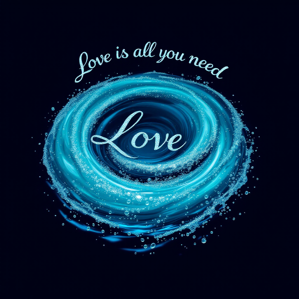 A circular swirl of vibrant blue water encompasses the word Love, highlighted with the quote Love is all you need, against a dark background, conveying a sense of unity and passion.