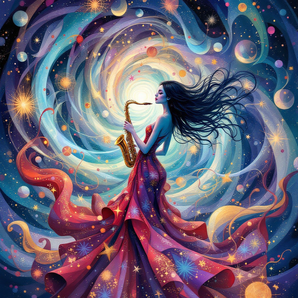 A woman in a flowing, vibrant dress plays a saxophone, surrounded by a swirling cosmos of stars and colors, embodying the joy of creative expression.