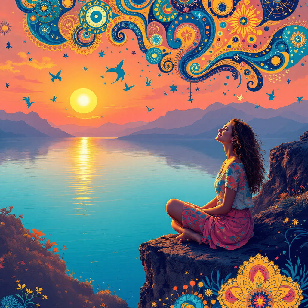 A woman sits peacefully on a cliff, overlooking a vibrant sunset over a serene lake. Whimsical patterns and birds fill the sky, symbolizing the stories we tell ourselves.